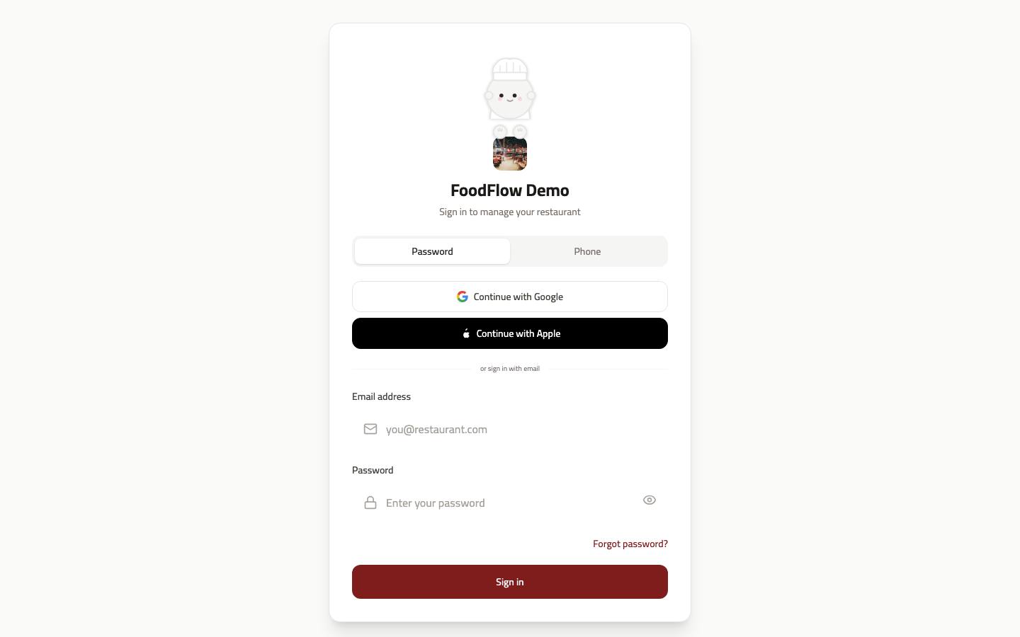 FoodFlow login screen