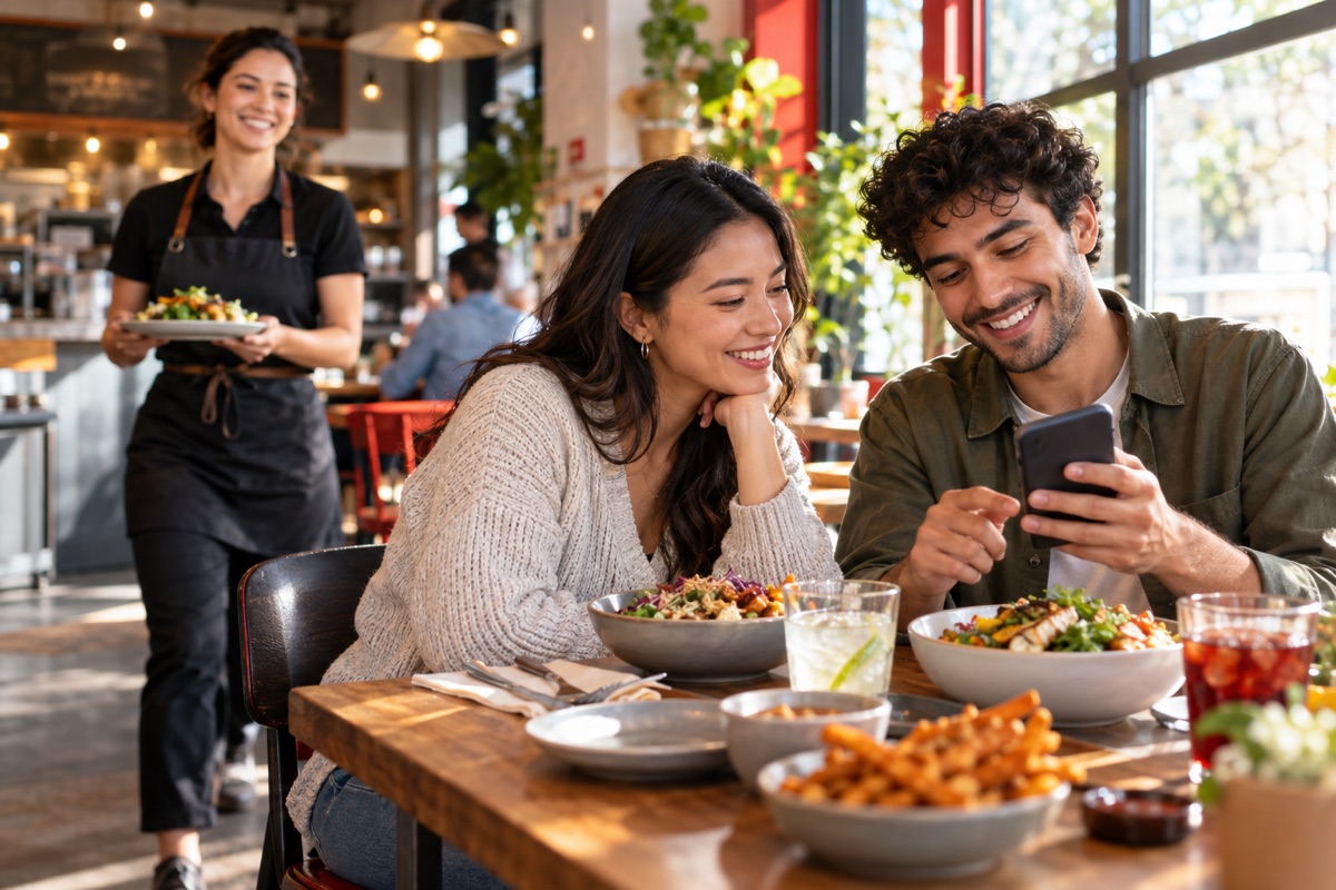 Guests enjoying a meal together while a server brings food